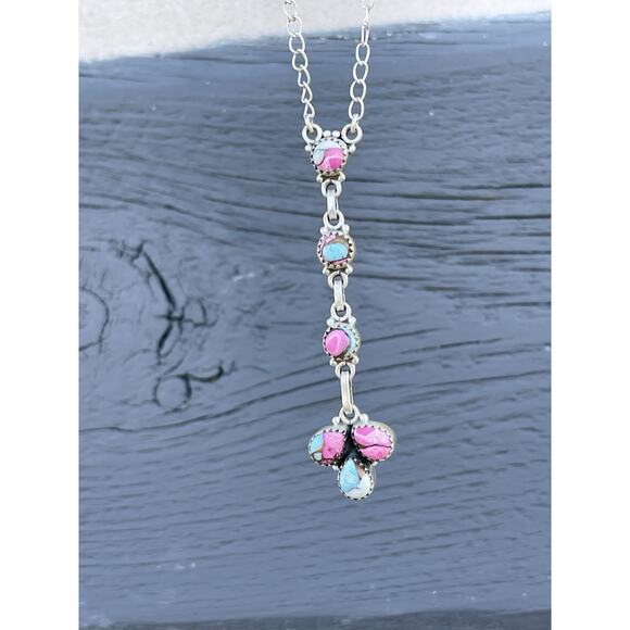 Southwestern Sterling Silver Cotton Candy Dahlia Turquoise Cluster Necklace 925 - Picture 3 of 5
